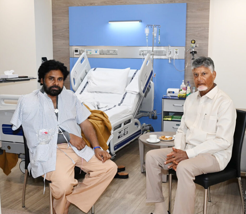 Mumbai, July 13: Andhra Pradesh Chief Minister N. Chandrababu Naidu visited Deputy Chief Minister Pawan Kalyan, who recently underwent surgery on his right shoulder in Mumbai, on Monday. The Chief Minister enquired about his health and wished him a speedy recovery.
