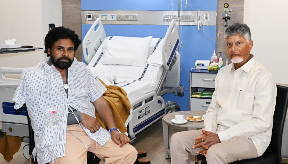 Mumbai, July 13: Andhra Pradesh Chief Minister N. Chandrababu Naidu visited Deputy Chief Minister Pawan Kalyan, who recently underwent surgery on his right shoulder in Mumbai, on Monday. The Chief Minister enquired about his health and wished him a speedy recovery.