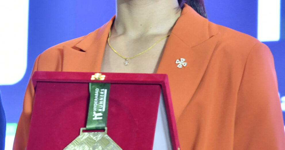 Olympian and two-time World Boxing Champion Nikhat Zareen unveiled the official race medal and T-shirt of the 15th NMDC Hyderabad Marathon-2026 during a launch event held at Park Hyatt, Banjara Hills, Hyderabad, on Wednesday.