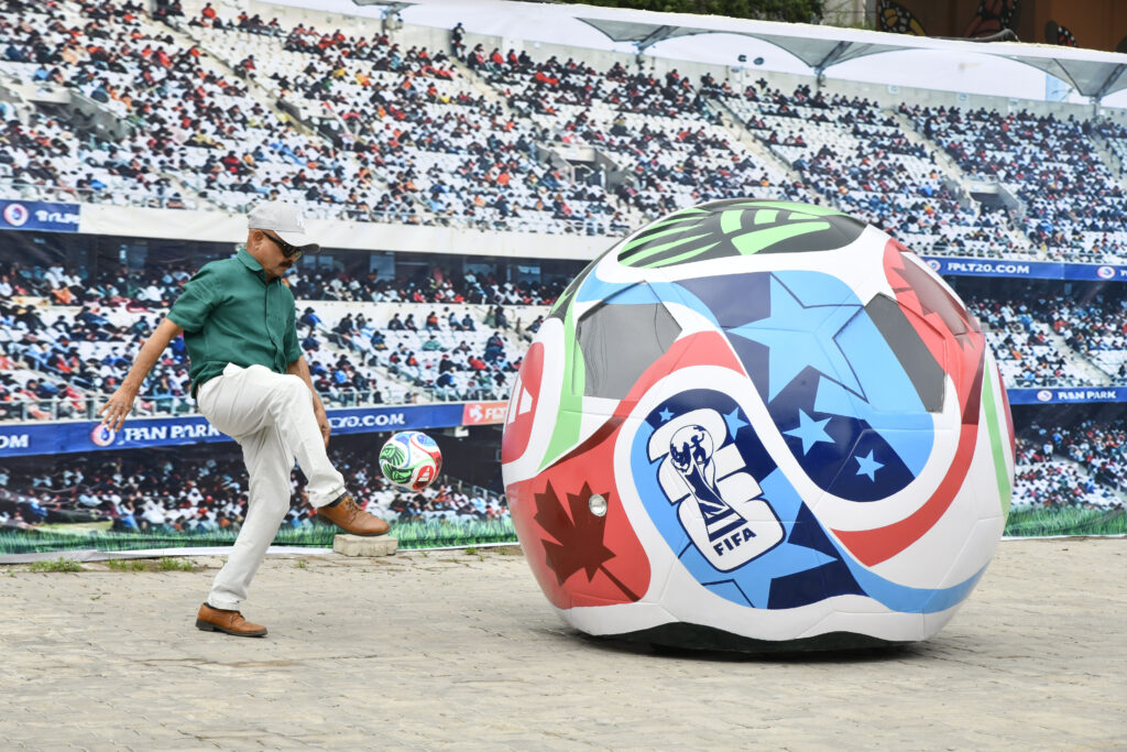 Image 5: The FIFA World Cup-themed Soccer Ball Car drives along the road after its unveiling at Sudha Cars Museum, Bahadurpura Cross Roads, Hyderabad, on Saturday. Pic: Style Photo Service: PD1000287
