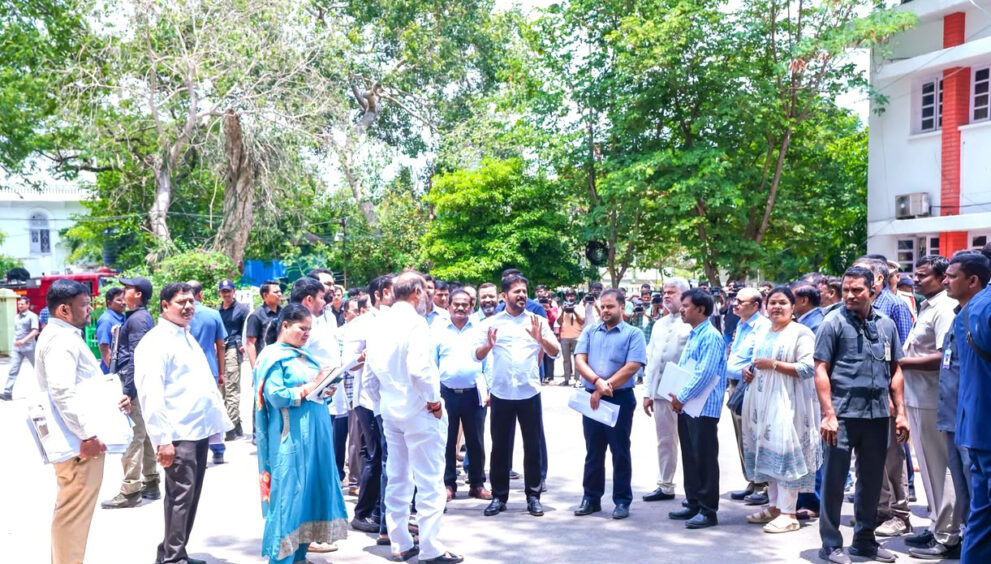 Telangana Chief Minister A. Revanth Reddy on Thursday inspected the ongoing repair and restoration works at the historic Telangana Legislative Assembly building in Hyderabad. The Chief Minister toured the Assembly premises and reviewed the progress of the restoration works with officials. He was briefed on the status of the renovation and conservation activities and issued several directions to ensure that the restoration is carried out while preserving the heritage and historical significance of the iconic building. Legislative Assembly Speaker Gaddam Prasad Kumar, Minister Adluri Lakshman, Government Whips Adi Srinivas, Addanki Dayakar and Balmoor Venkata, MLAs Kavvampalli Satyanarayana and Jaiveer Reddy, along with senior government officials, were present during the inspection.